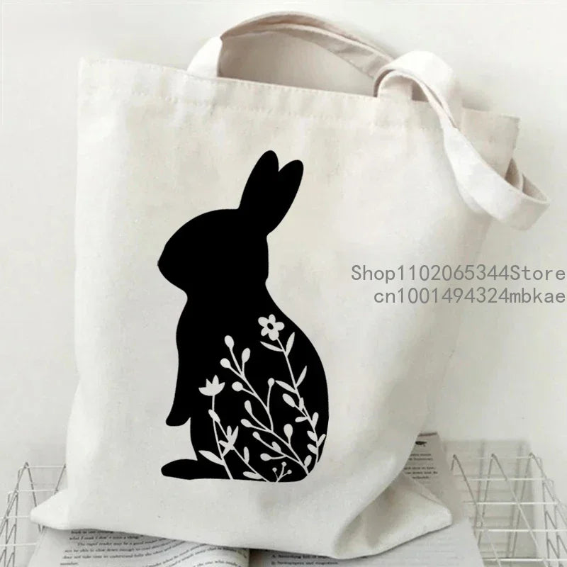 Cute Rabbit Pattern Canvas Tote Bag | Unisex Cartoon Bunny Portable Shopping Bag | Fashion Large Capacity Teen Daily Handbags Luxegan