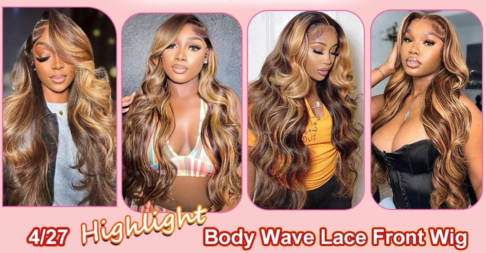 Highlight Ombre 4/27 Lace Front Wig | Honey Blonde Body Wave | Pre-Plucked Baby Hair | HD Lace | 200% Density