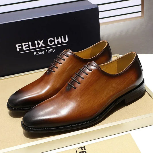 Designer Genuine Leather Wholecut Oxfords | Luxury Brand Pointed-Toe Dress Shoes | Elegant "Classic Single-Piece" Silhouette | "Dignified" Waterproof Cow Leather Footwear for Radiant Versatile Business & Formal Styling Luxegan
