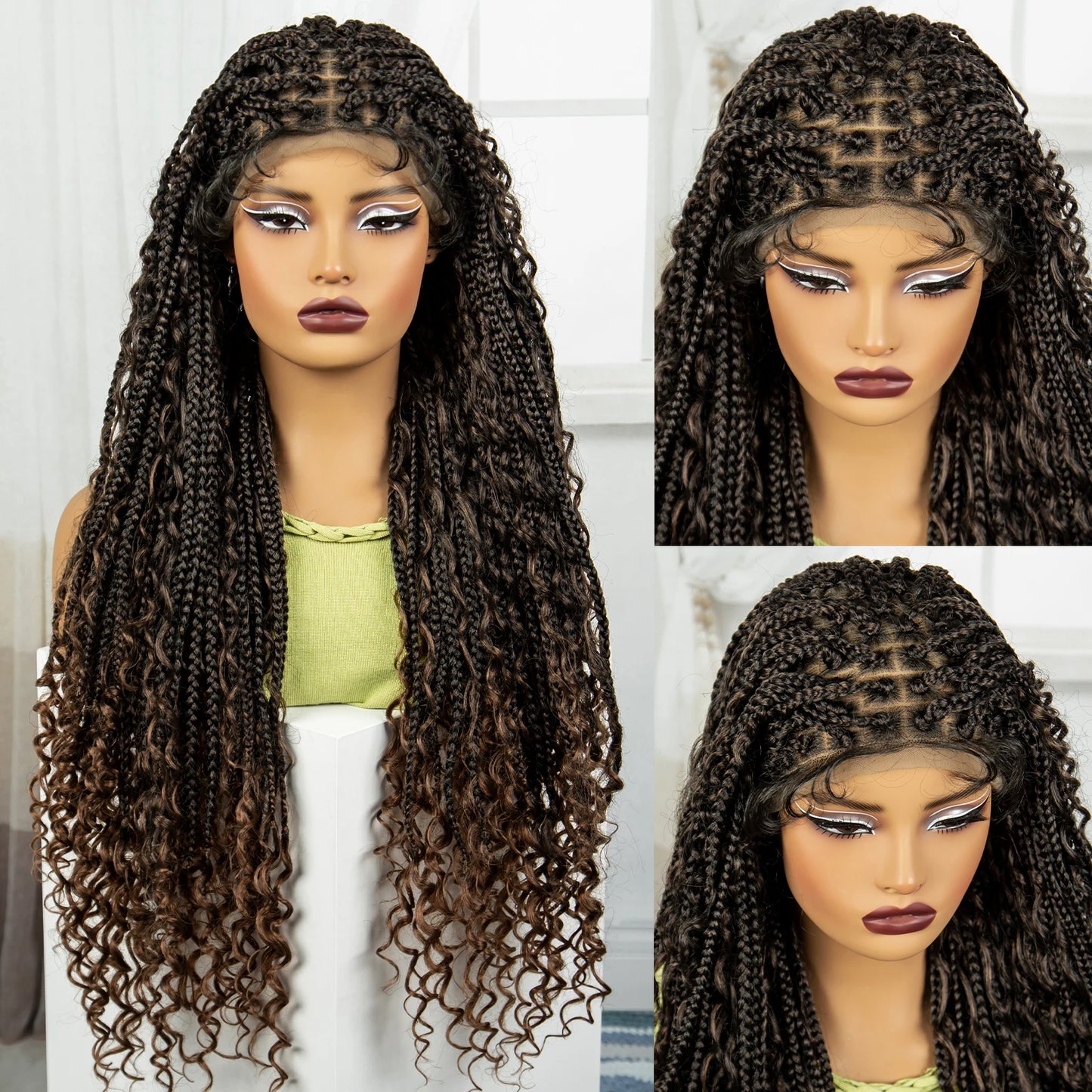 Burgundy Boho Knotless Braids Wig | Curly Ends | Lace Front | Baby Hair Luxegan