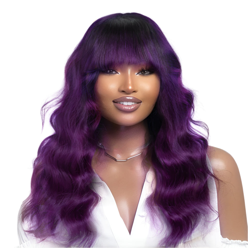 22" T1B/Purple Body Wave Wig with Bangs | "Put On & Go" Full Machine Made Human Hair Luxegan