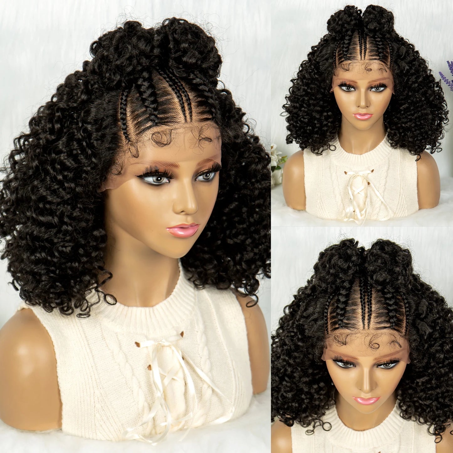 16" Kima Cornrow Twist Curly Bob Wig with Braided Top Knot Bun | 13x4 Lace Front Synthetic Hair Luxegan
