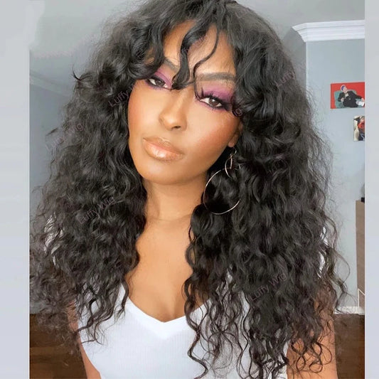 30 Inch Loose Water Wave Wig with Bangs | Full Machine Made Brazilian Remy Human Hair (Natural, All Colors Dyeable) Luxegan