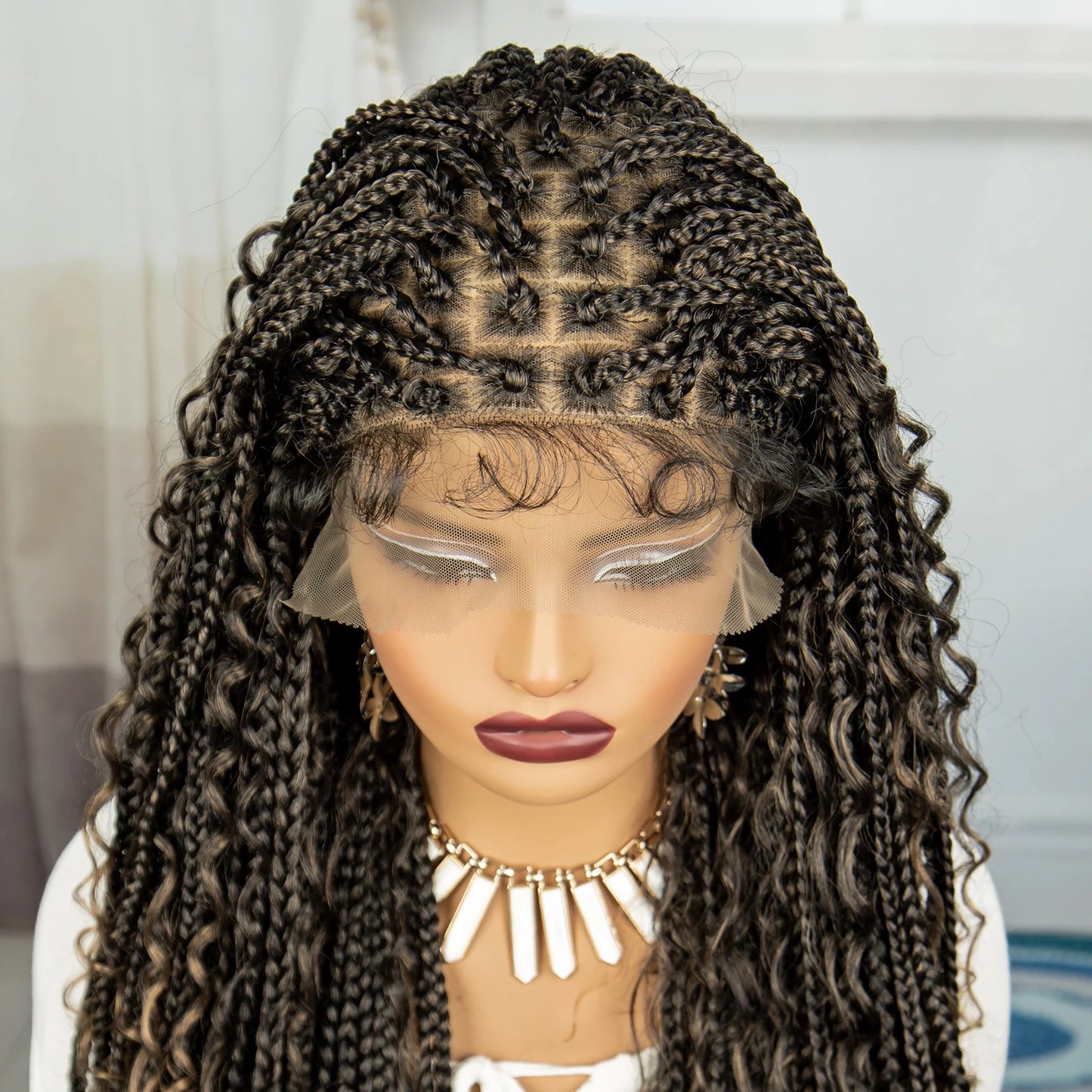 36" Knotless Box Braids Wig | Bohemian Style | Curly Ends | Lace Front | With Baby Hair | For Black Women