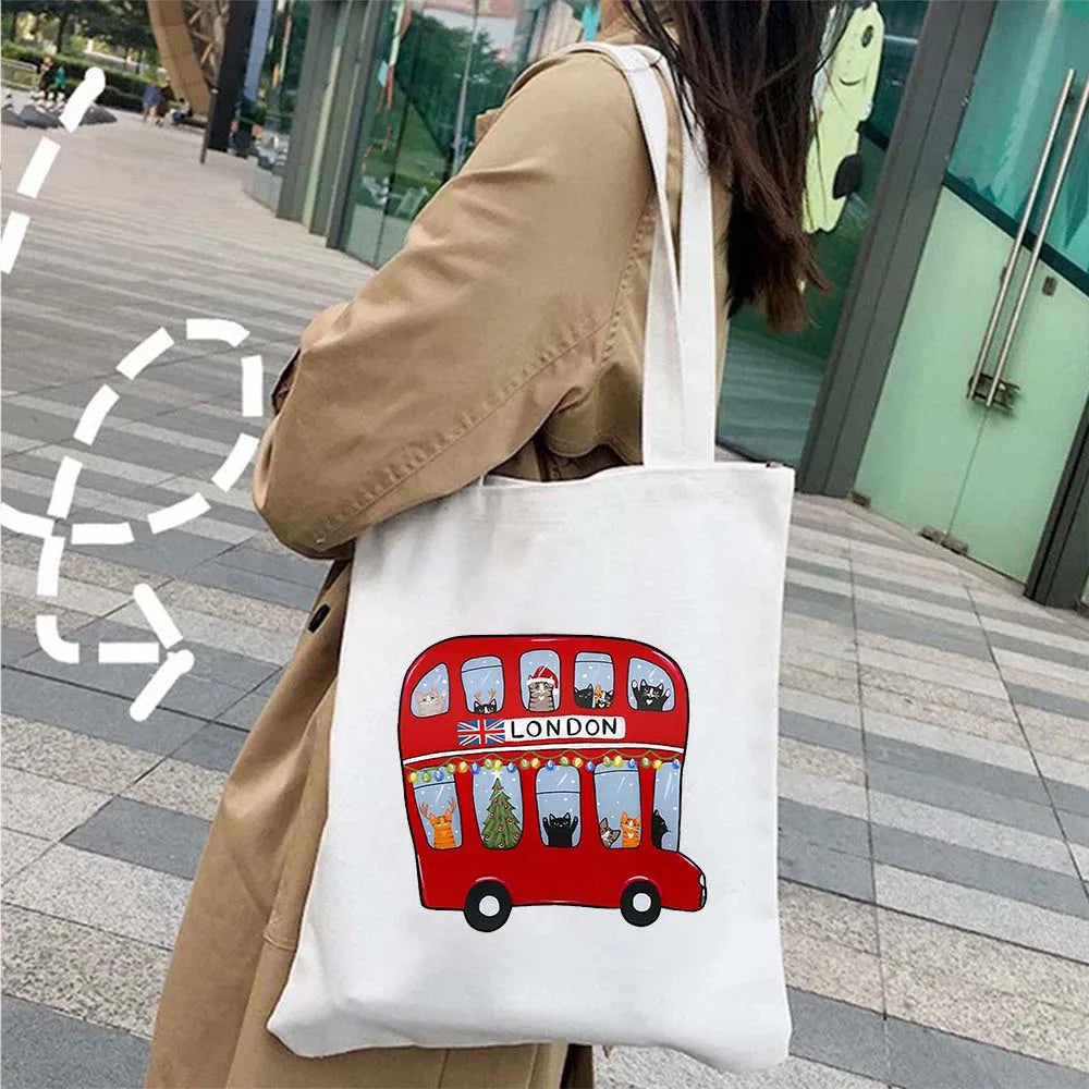 London Big Ben England Map Flag Canvas Tote Bag | UK City Landscape Skyline Shoulder Shopping Handbag (Women's Tourist Gift) Luxegan