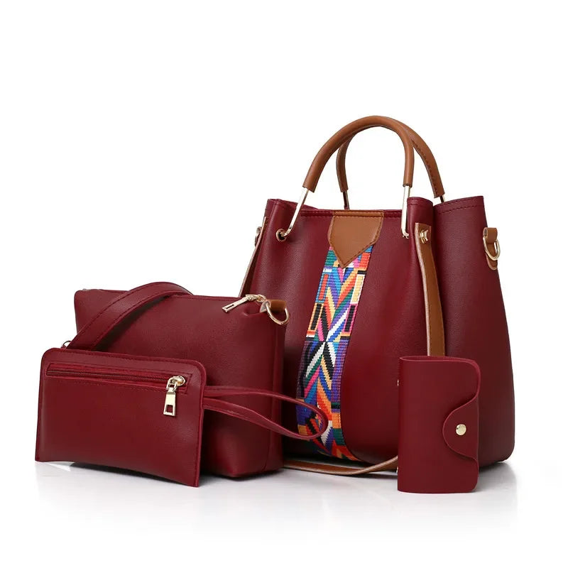 4 Pcs Luxury Handbag Set | Large Capacity Tote Bag, Fashion Shoulder Bag, Wallet & Card Case for Women (Patchwork) Luxegan