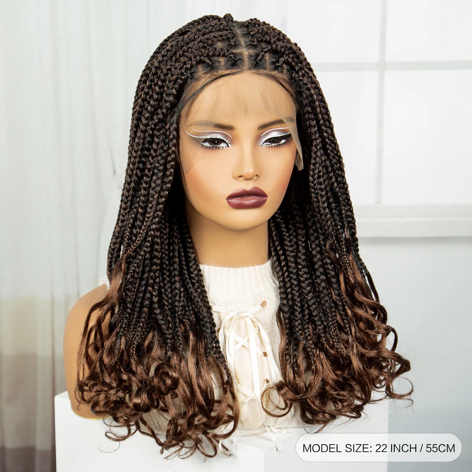 22" 1B/30 Ombre Knotless Braids Wig | Wavy Ends | Full Lace Boho Style Luxegan