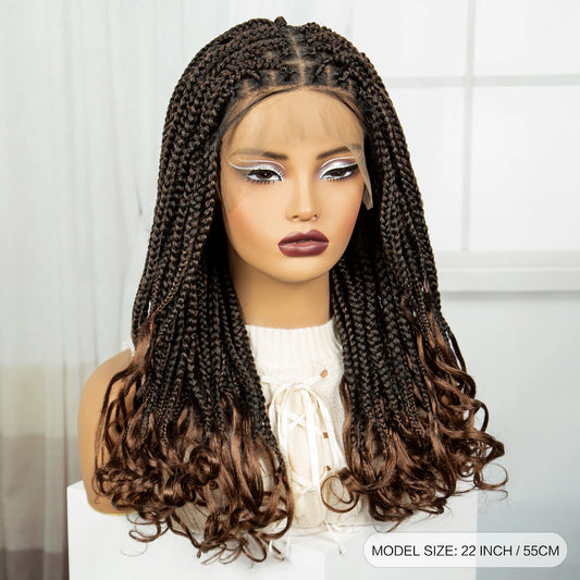 22" 1B/30 Ombre Knotless Braids Wig | Wavy Ends | Full Lace Boho Style Luxegan