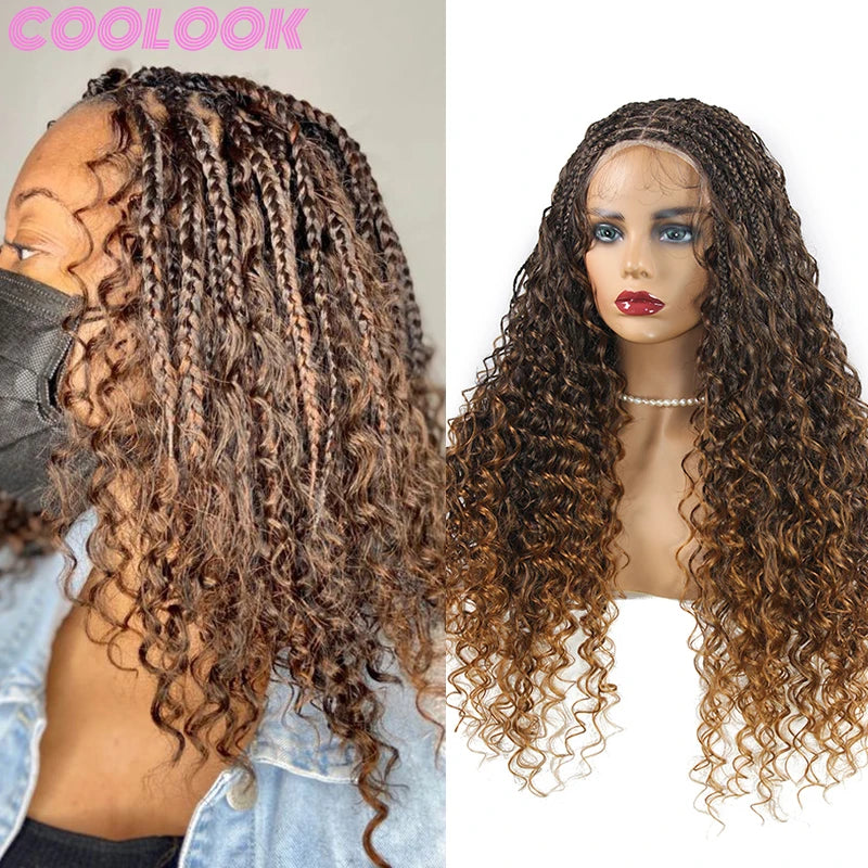 24" Boho Box Braids Lace Frontal Wig | Deep Wave Goddess Braids | Curly Ends | Black Full Lace Synthetic Wig Luxegan