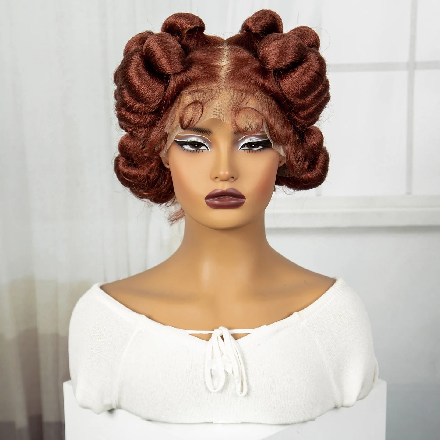 Short Cute Ginger Bantu Knotless Braids Wig | Full Lace Handmade Luxegan