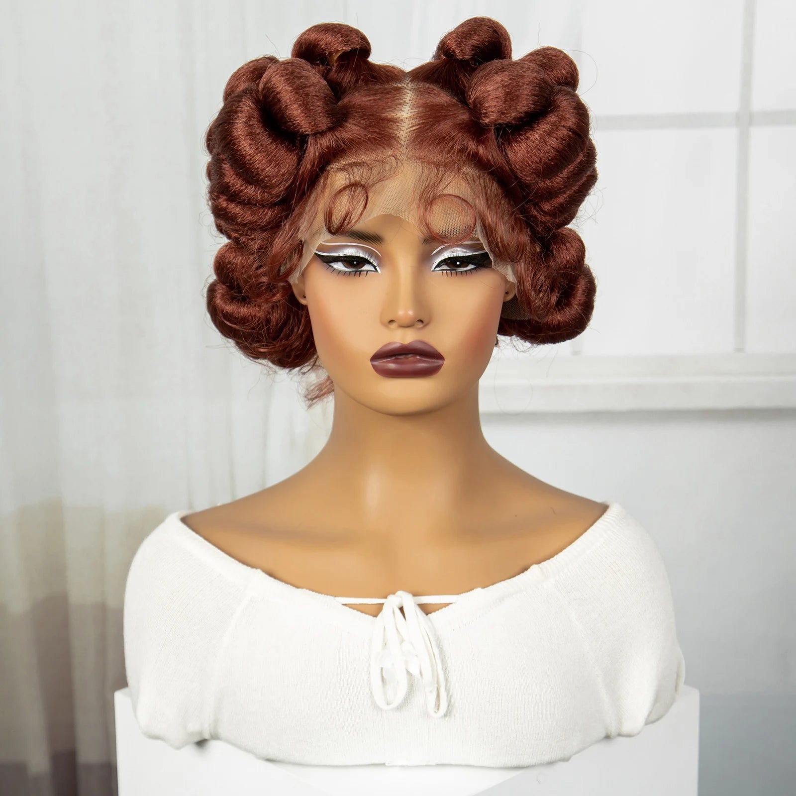 Short Cute Ginger Bantu Knotless Braids Wig | Full Lace Handmade Luxegan