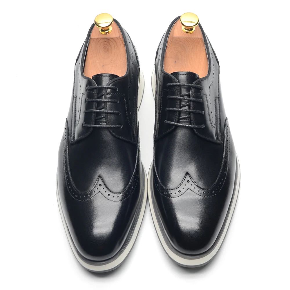 Men's Natural Cowhide Genuine Leather Derby Dress Shoes | Brogue Wingtip Flat Shoes (Black, Wine Red) Luxegan