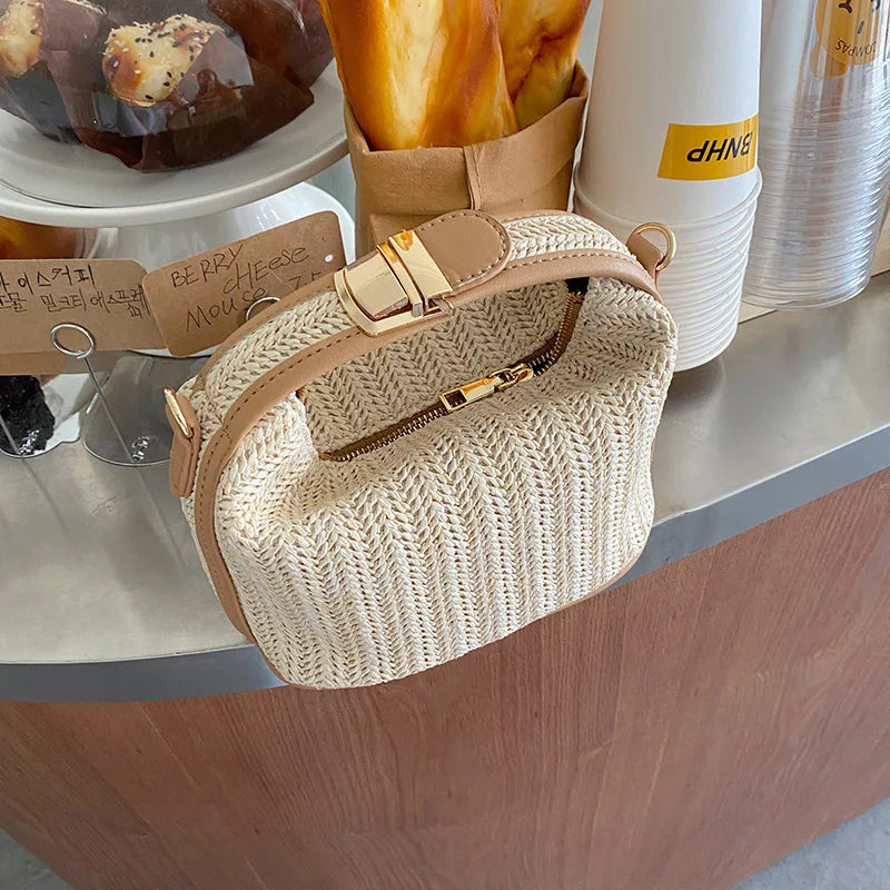 Trendy Summer Small Straw Handbag | Woven Bucket Crossbody Bag | HARD Casual Seaside Beach Handle Tote (Women/Girls) Luxegan