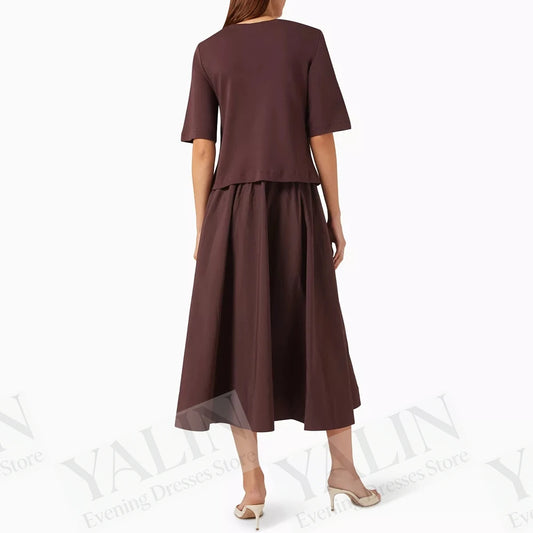Draped A-Line Evening Gown | O-Neck Half Sleeve Tea-Length Prom Dress - view 2