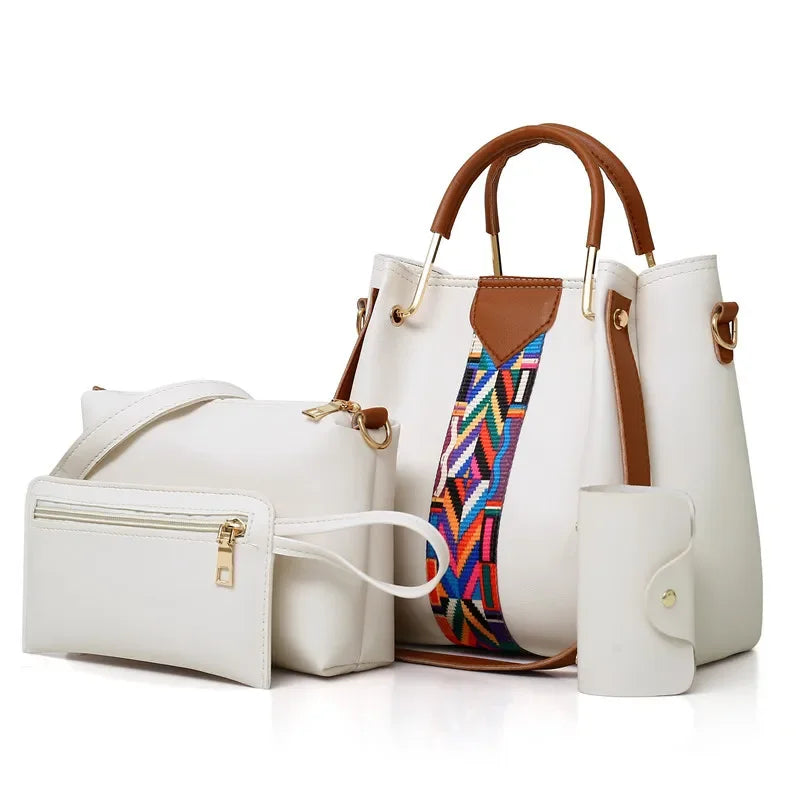 4 Pcs Luxury Handbag Set | Large Capacity Tote Bag, Fashion Shoulder Bag, Wallet & Card Case for Women (Patchwork) Luxegan