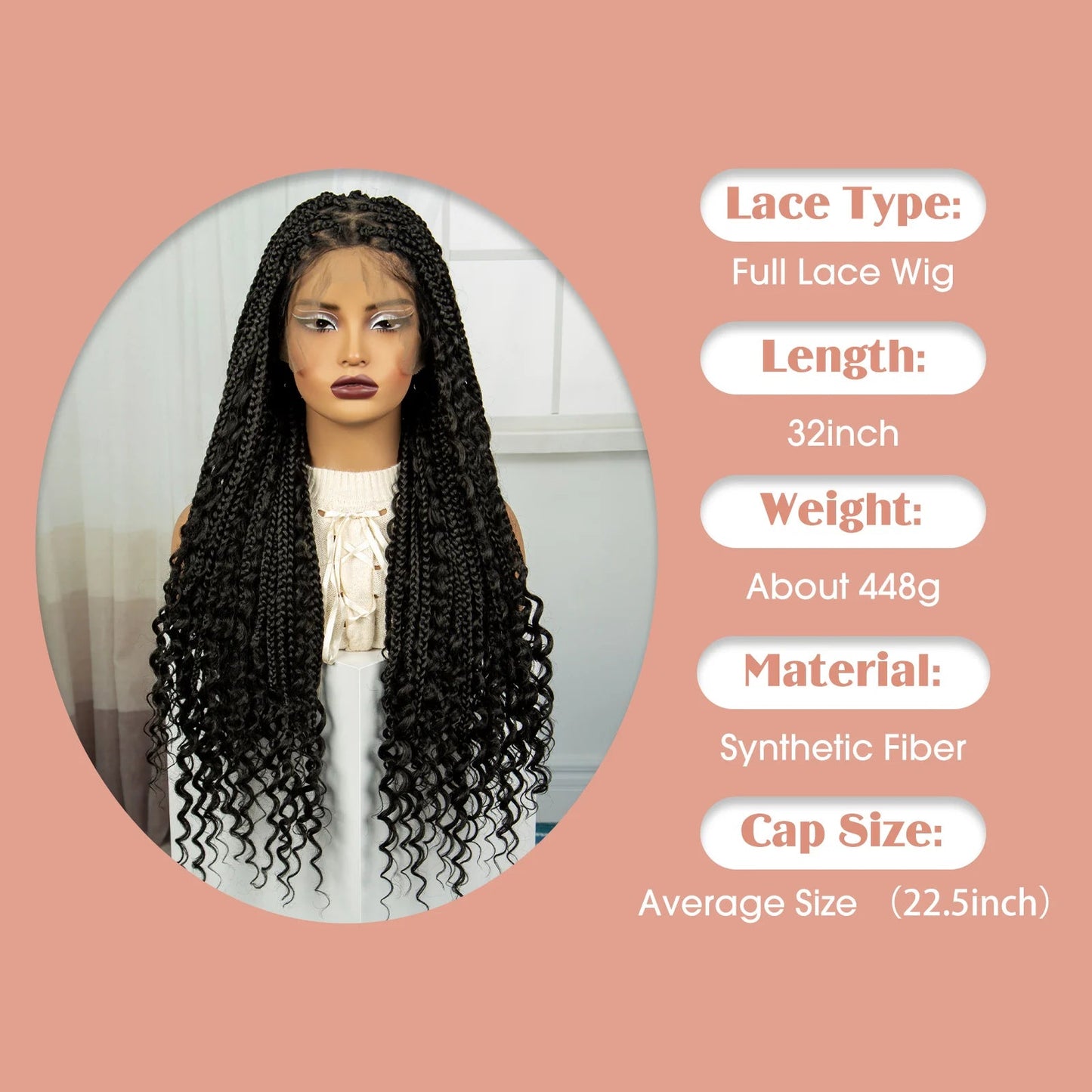 32 Inch Natural Curly Boho Box Braids Wig - Knotless - Full Lace - Synthetic - with Baby Hair Luxegan
