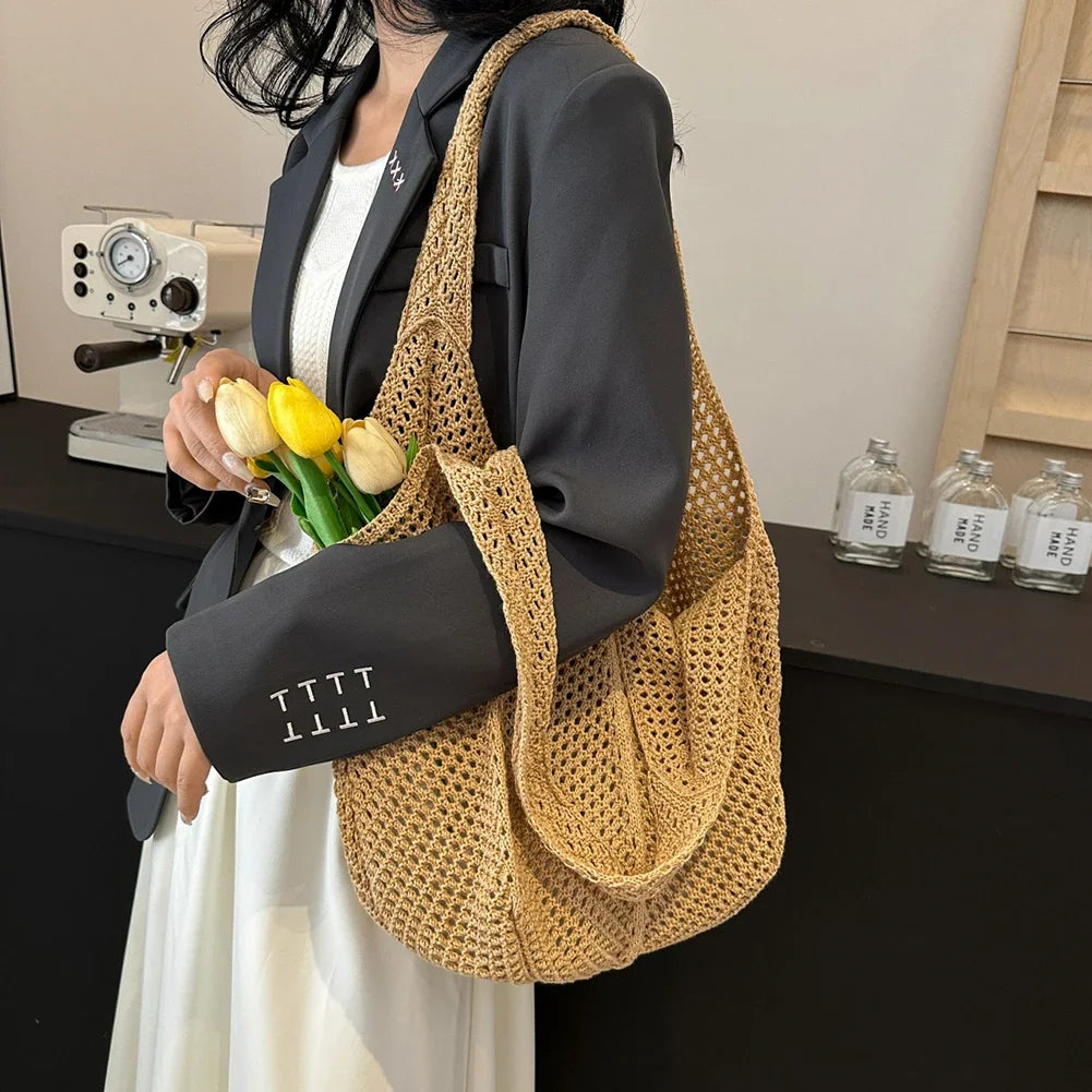 Women’s Casual Straw-Style Shoulder Bag | Large Capacity Handmade Wicker Woven Tote | Bohemian Hollow-Out Summer Beach Messenger Bag Luxegan