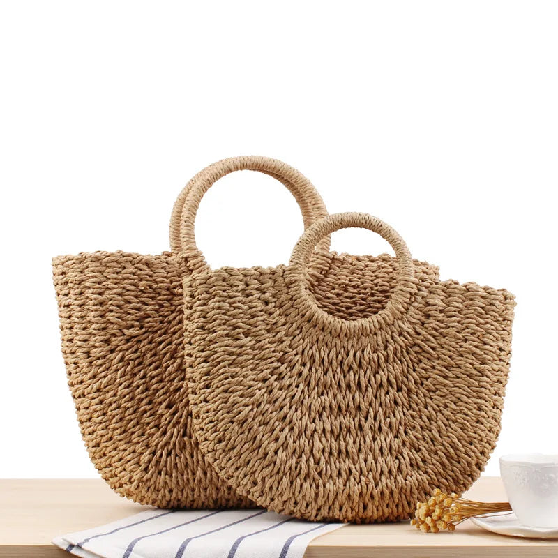 Summer Handmade Moon-Shaped Bag | Women's Woven Straw Bag & Top-Handle Tote Luxegan