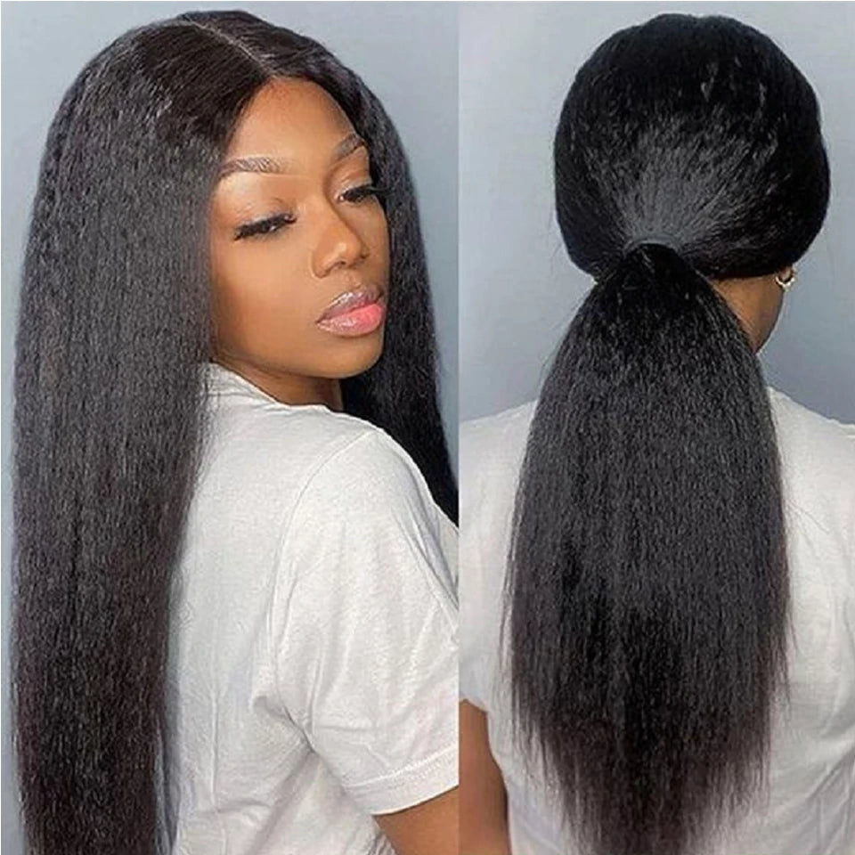Kinky Straight 360 HD Lace Frontal Wig | Yaki Straight Ponytail Human Hair Wig for Black Women (Transparent Lace, Clearance Sale) Luxegan