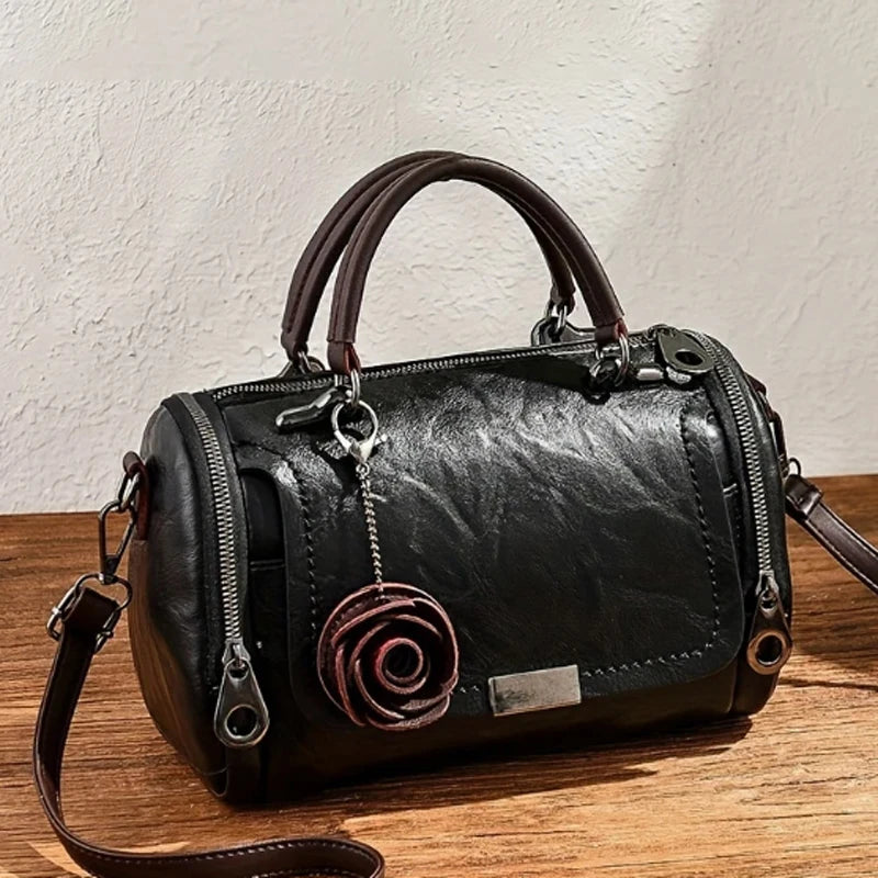 Fashion New Women's Handbag with Flower Decoration | Soft PU Leather Single Shoulder Crossbody Boston Bag Luxegan