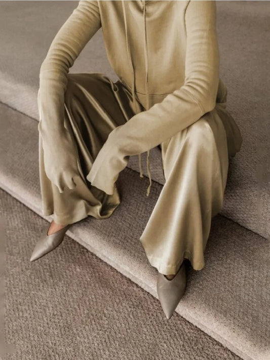 High Waist Wide Leg Pants & Hooded Sweatshirt Set | Sophisticated Loose Fit Casual Two-Piece | Elegant "Full Length" Urban Ensemble | "Dignified" Cotton-Polyester Blend for Radiant Versatile Styling