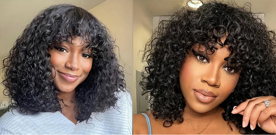 Short Pixie Bob Cut Human Hair Wig with Bangs | Jerry Curly Highlight Water Wave Blonde Colored Wig for Women (Easy Wear) Luxegan