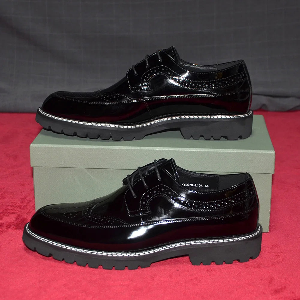 Luxury Men's Black Patent Leather Wingtip Brogue Oxfords | Thick Sole Formal Dress Derby Shoes (Height Increasing) Luxegan