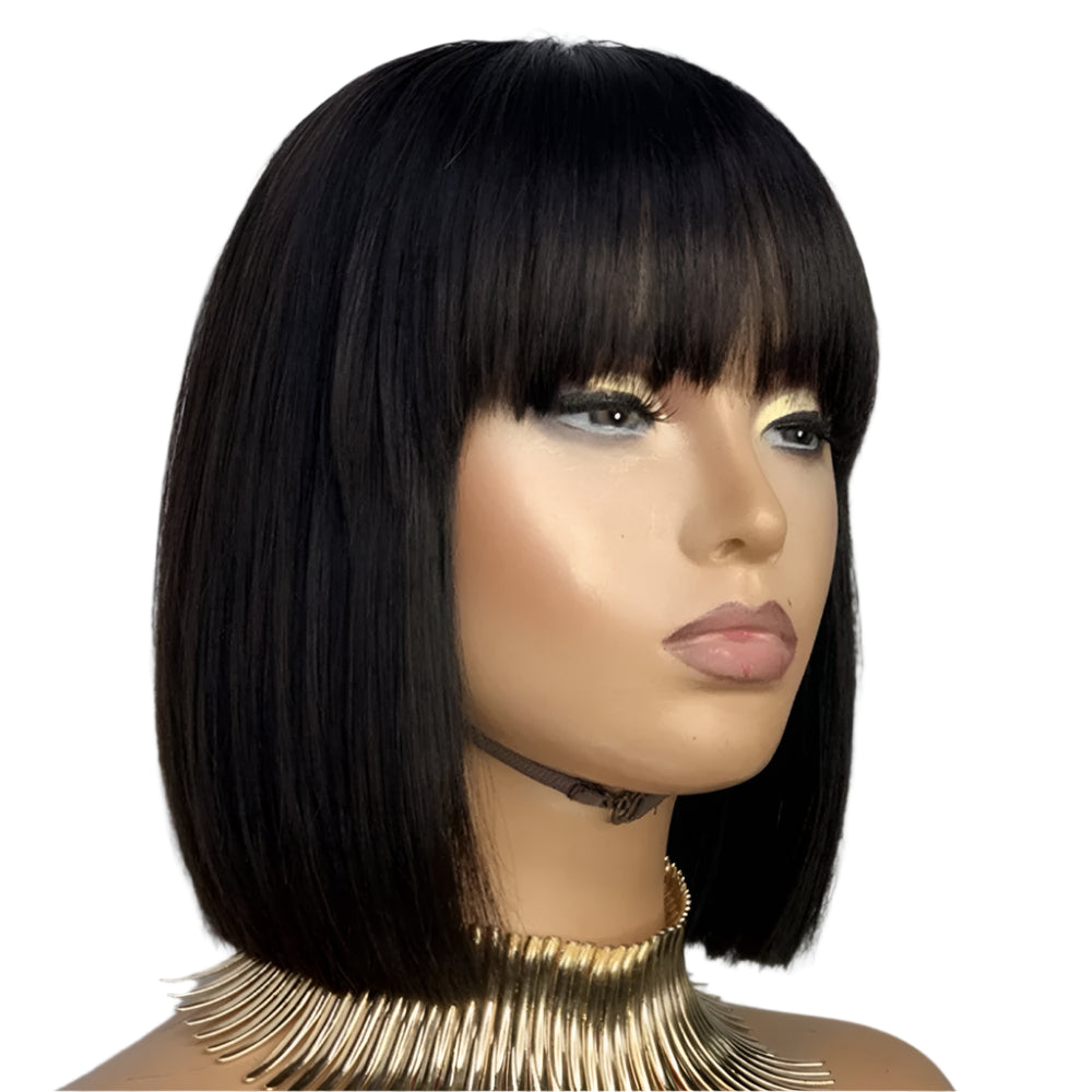 180% Density Straight Bob Wig with Bangs | Full Machine Made | Brazilian Virgin Hair | Natural Black