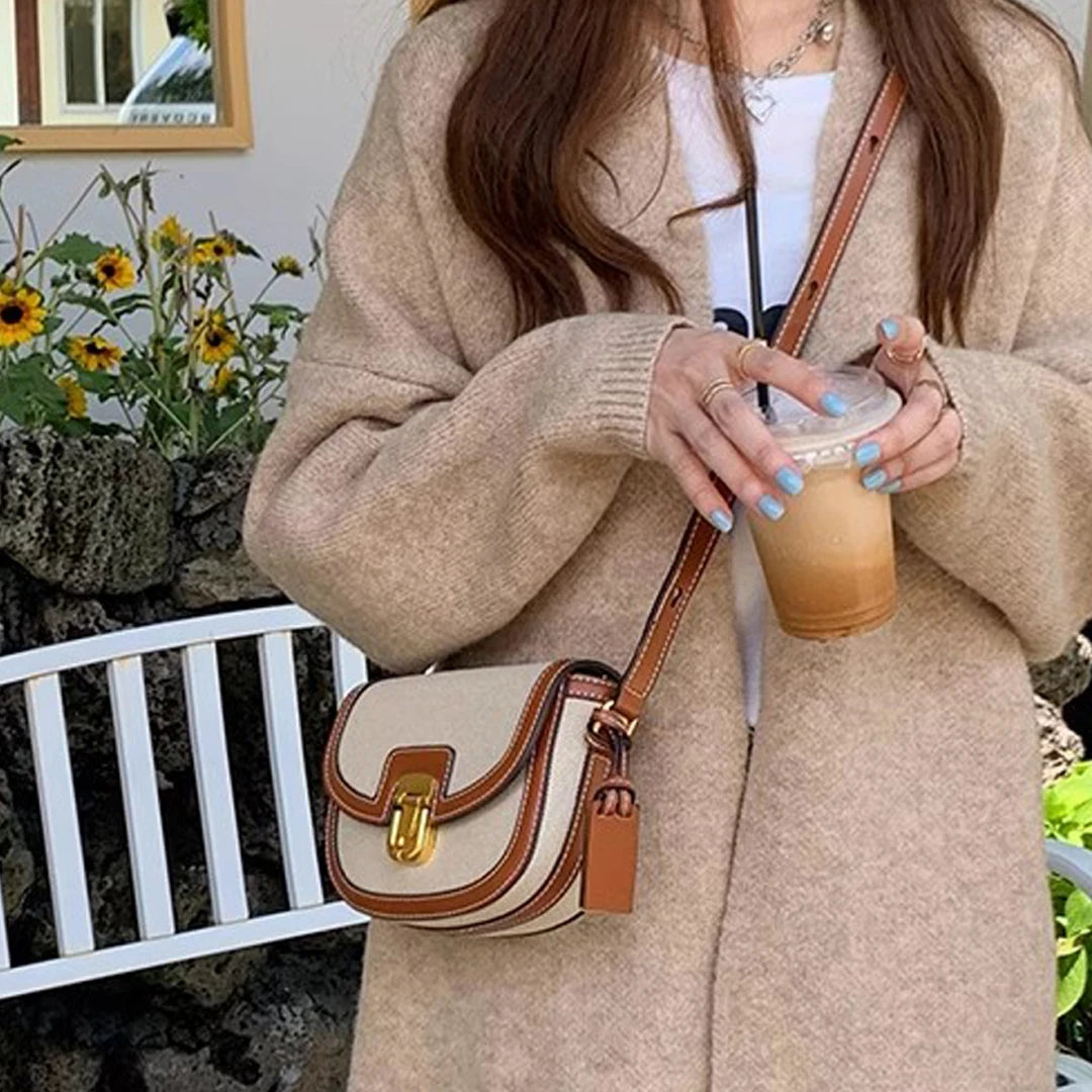 Retro Canvas Patchwork Crossbody Bag | Contrasting Color Saddle Bag