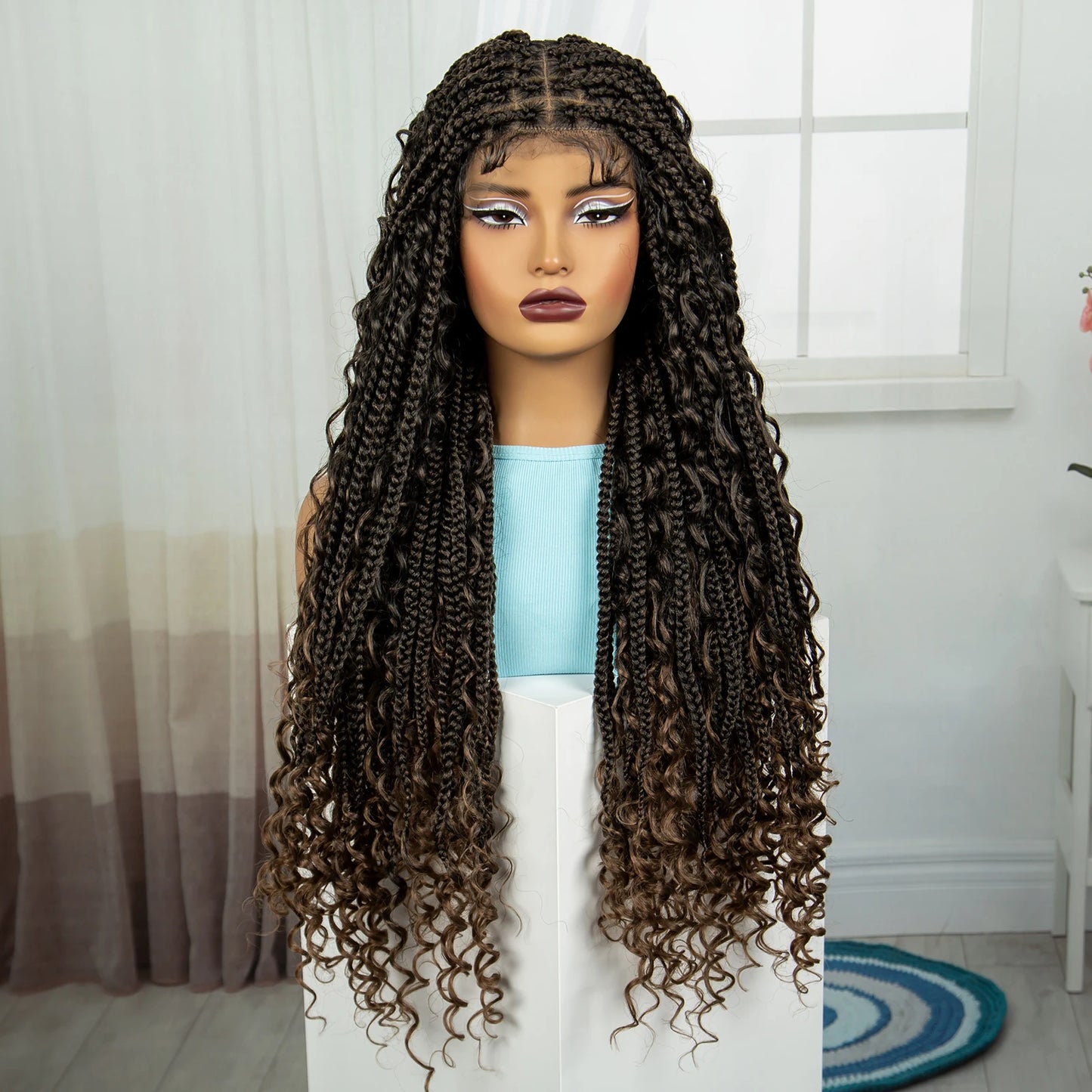 Ombre Knotless Braids Wig | Curly Ends | Full Lace | Baby Hair | Handmade Luxegan