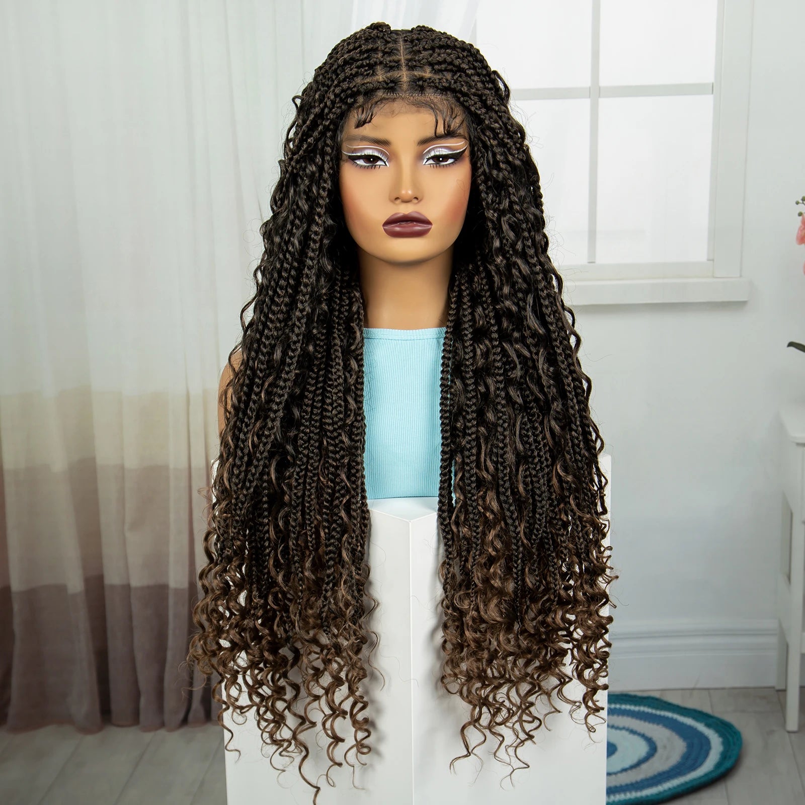 Ombre Knotless Braids Wig | Curly Ends | Full Lace | Baby Hair | Handmade Luxegan