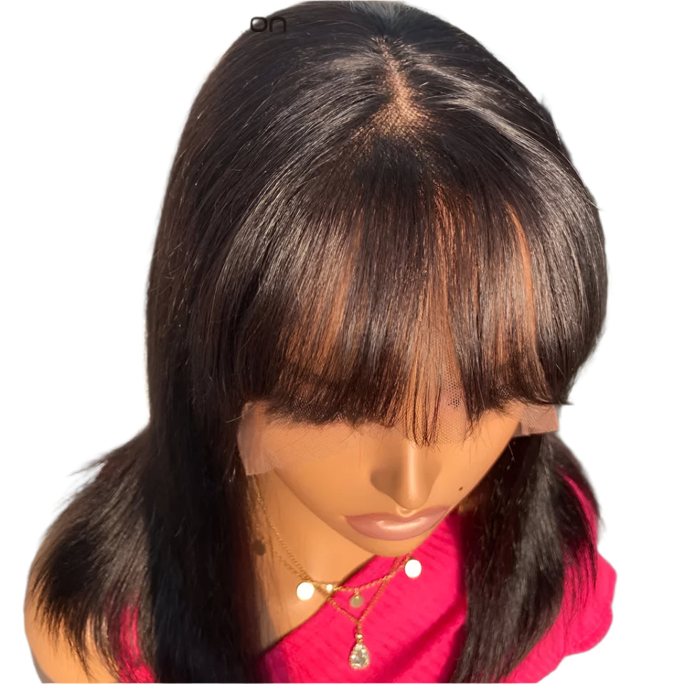 Reddish Brown Bob Wig | Straight Human Hair Lace Front with Bangs Luxegan