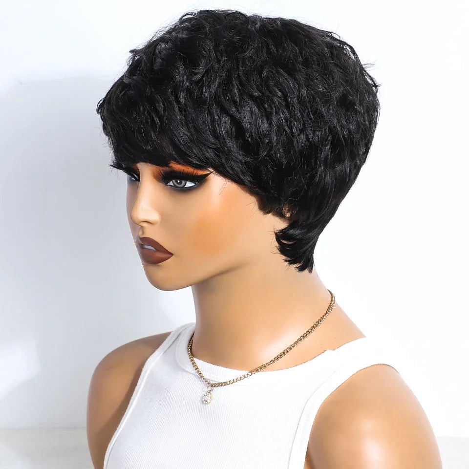 Rebecca P1B/30 Brown Pixie Cut Wig | Curly Side Part Brazilian Human Hair Luxegan