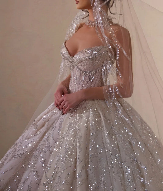 Luxury Sparkling Princess Wedding Dress | Customized Pearl Bridal Ball Dress | Strapless Sleeveless V-Neck Satin A-Line Bridal Gown with Sweep Train Luxegan