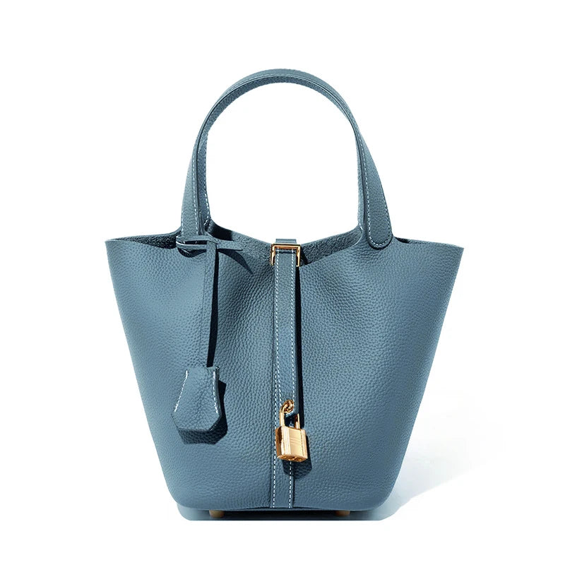 Fashion Women's Mini Genuine Leather Bucket Bag | Soft Litchi Pattern Tote with Lock | Mommy/Bride Wedding Shoulder Handbag Luxegan