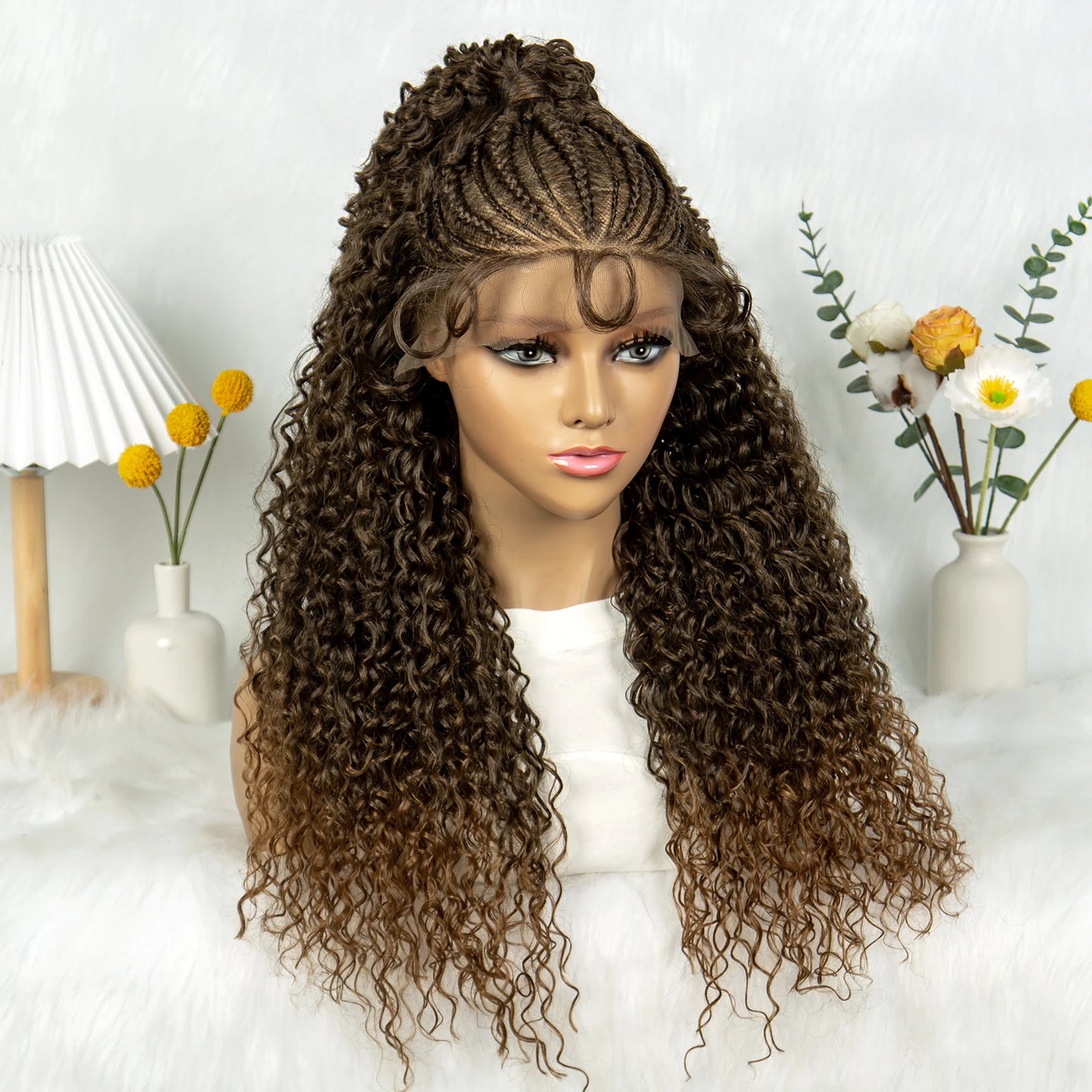 Kima Ombre Cornrow & Curly Ponytail Wig | 13x4 Lace Front | Half Updo | Synthetic Hair | Black Women