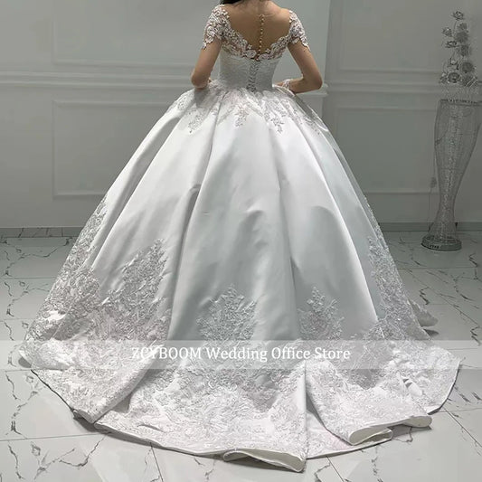 Vestido de Novia de Satén Personalizado con Mangas Largas 2026, Vestido de Novia de Princesa con Aplicaciones de Encaje y Perlas, Vestido De Novia
