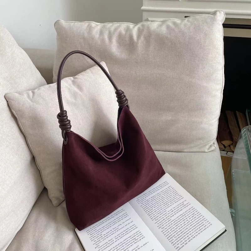 All-Match Chamois Matte Suede Cowhide Leather Tote | Large Capacity Designer Maillard Dressing Coffee Winter Ladies Handbag Luxegan