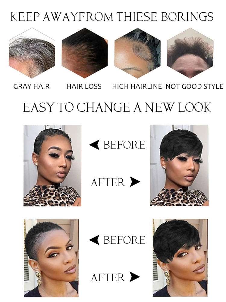 Short Pixie Cut Wig Human Hair | Machine Made Wig with Bangs | Brazilian Remy Hair | Pixie Wig for Black Women - Luxegan