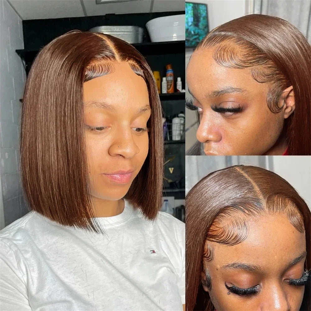 Vietnamese Straight Double Drawn Bob Wig | Sophisticated Chocolate Brown 100% Human Hair | Elegant "13x4 Full Lace Frontal" Silhouette | "Dignified" Transparent Swiss Lace for Radiant Versatile Styling Luxegan