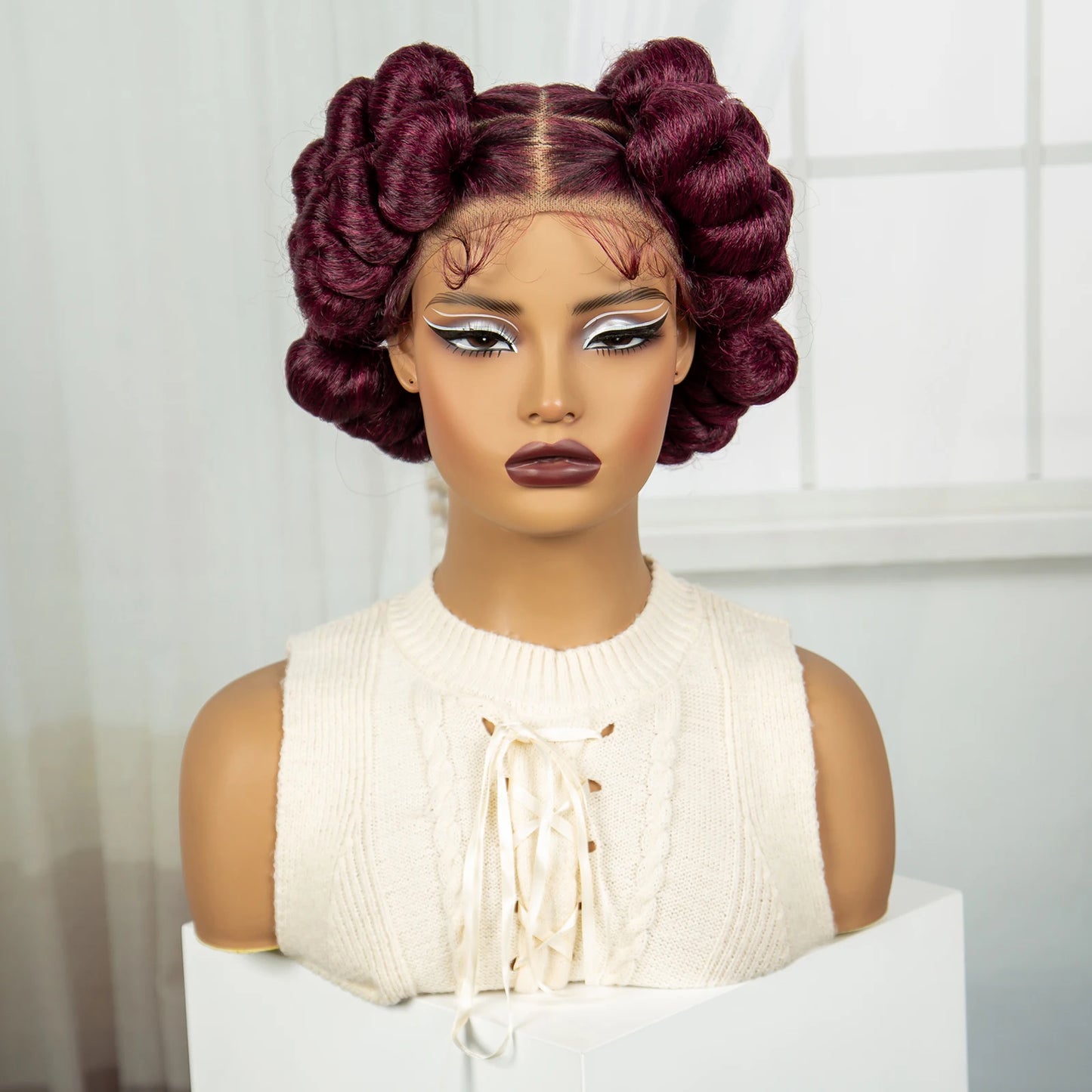 6" Short Cute Burgundy Bantu Knotless Braids Wig | Transparent Full Lace Luxegan