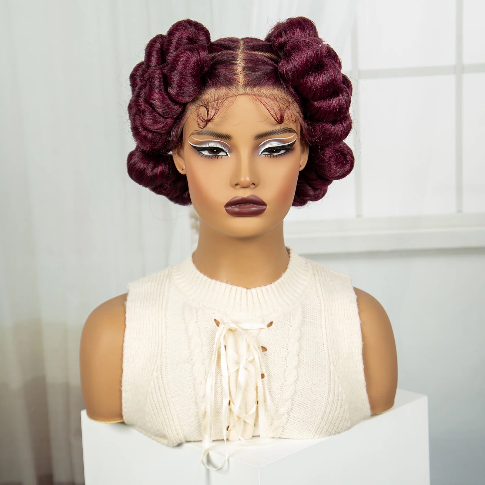 6" Short Cute Burgundy Bantu Knotless Braids Wig | Transparent Full Lace Luxegan