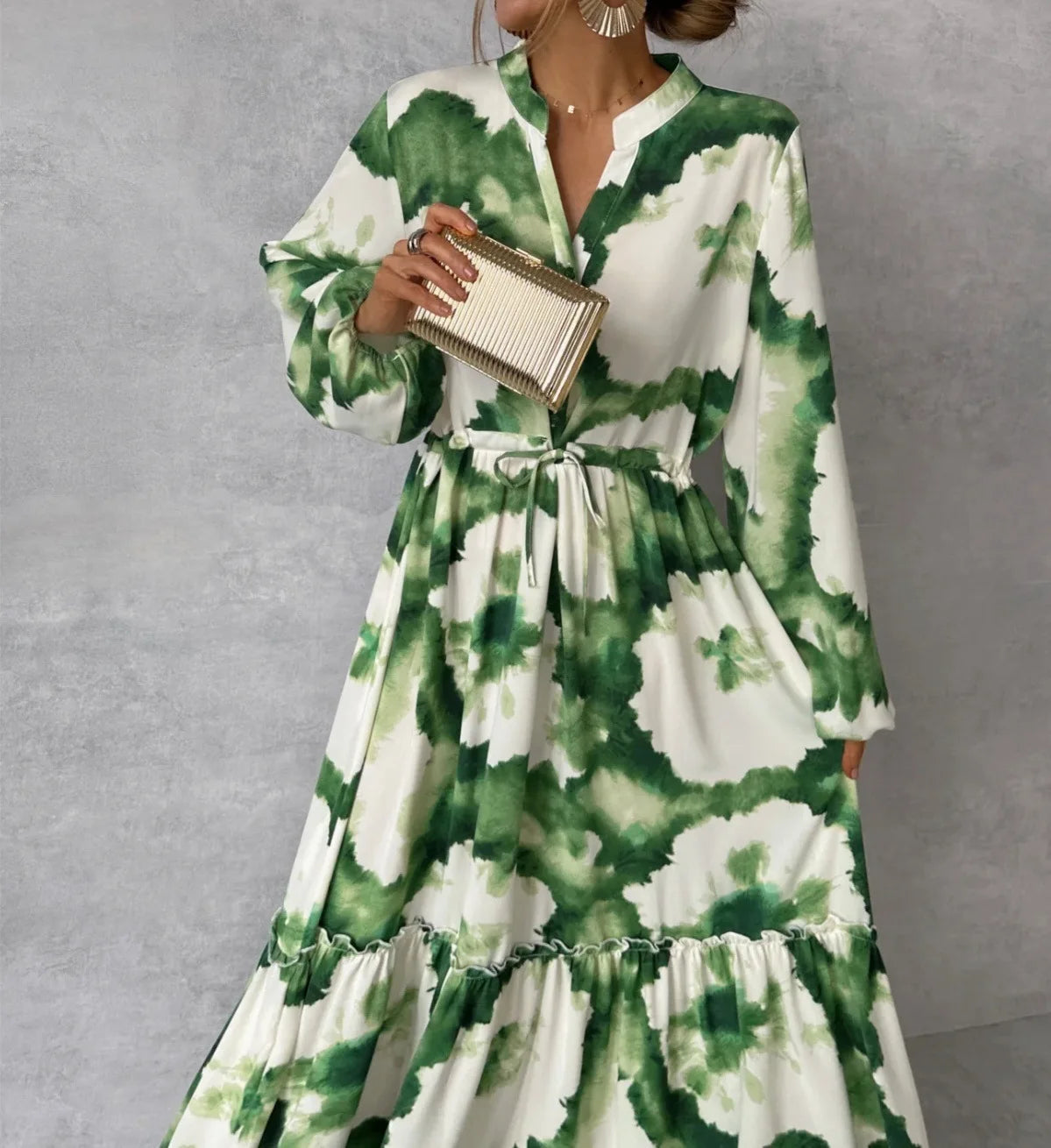Green Print Puff Sleeve Maxi Dress – V-Neck, Lace-Up, Loose A-Line, Empire Waist Luxegan