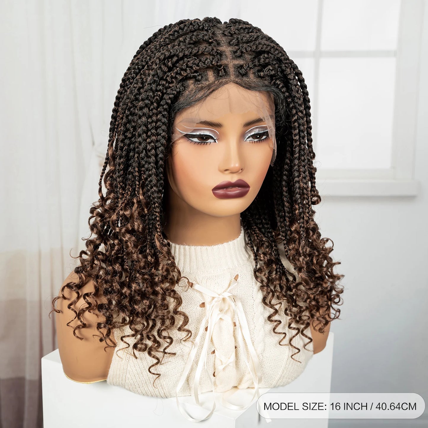 Short Ombre Boho Knotless Braids Bob Wig with Curly Ends | Full Lace Luxegan