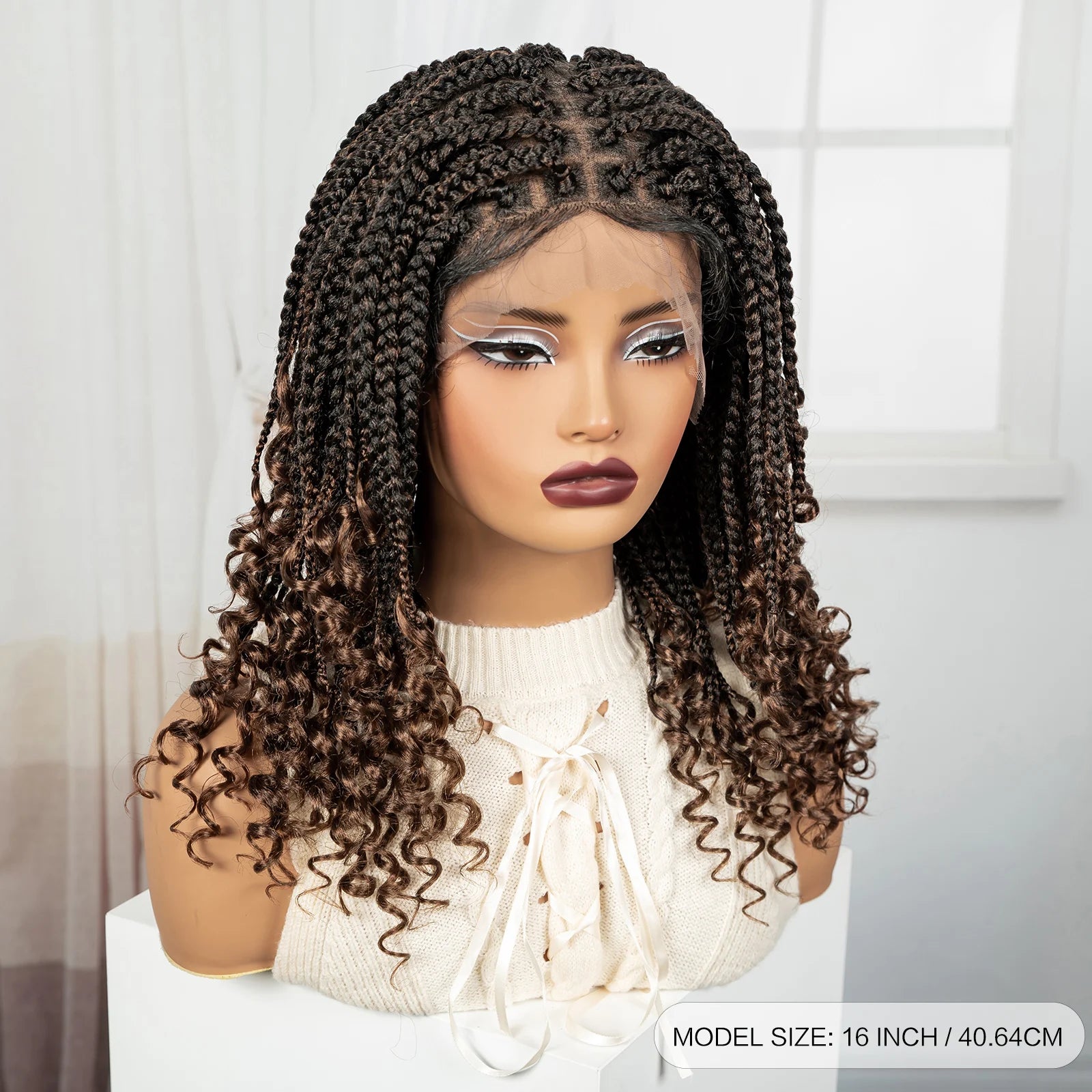 Short Ombre Boho Knotless Braids Bob Wig with Curly Ends | Full Lace Luxegan