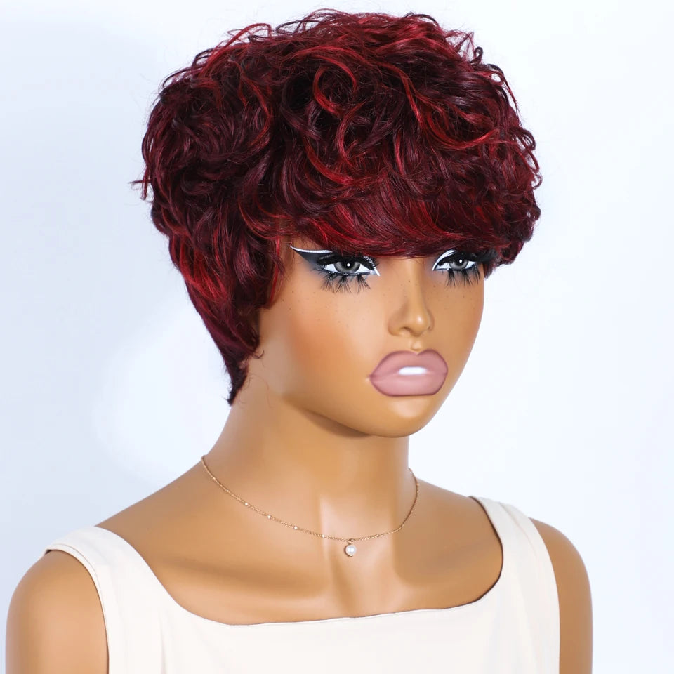 Rebecca P1B/30 Brown Pixie Cut Wig | Curly Side Part Brazilian Human Hair Luxegan
