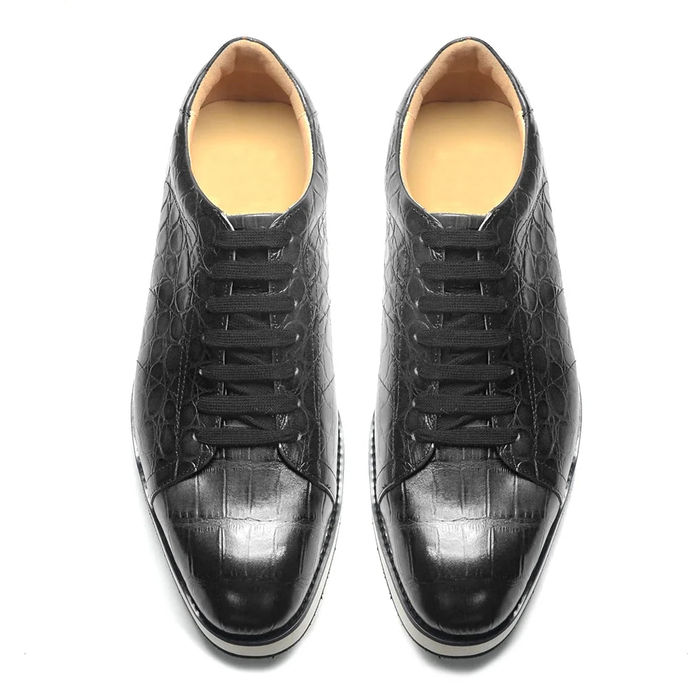 Men's Fashion Casual Sneakers | Genuine Cowhide Leather Crocodile Pattern Skateboard Shoes (Lace-up, Non-slip) Luxegan