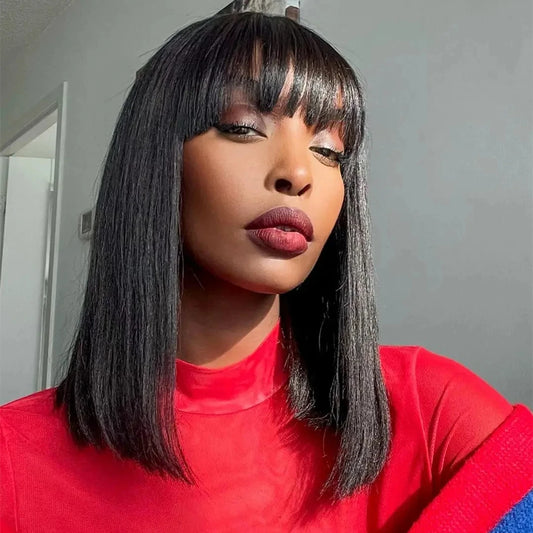 Short Straight Bob Wig with Bangs | "Put On & Go" Human Hair for Black Women (On Sale) Luxegan