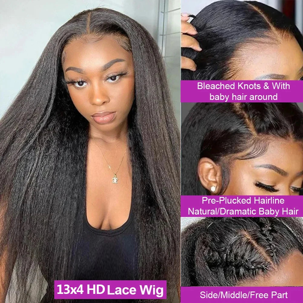 40 Inch Full 360 HD Lace Frontal Kinky Yaki Straight Human Hair Wig | 300% Density Transparent Lace Front Wig for Women Luxegan