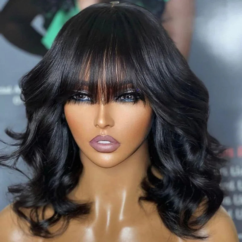 Glueless Body Wave Bob Wig with Bangs | Ready-to-Go Full Machine Made Brazilian Remy Human Hair Wigs for Women Luxegan